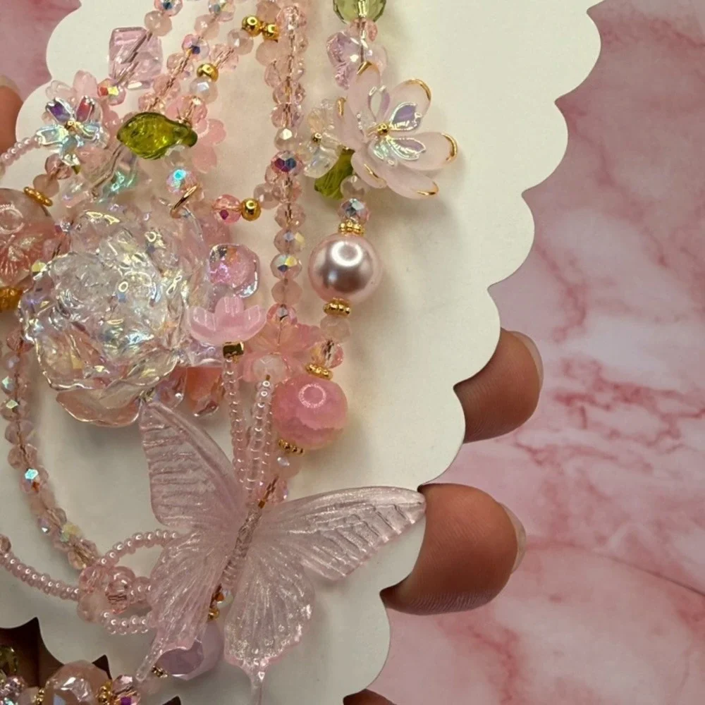 Rose Butterfly Pink Crystal Beaded Garden‎ Phone Wristlet Bag Charm Keychain